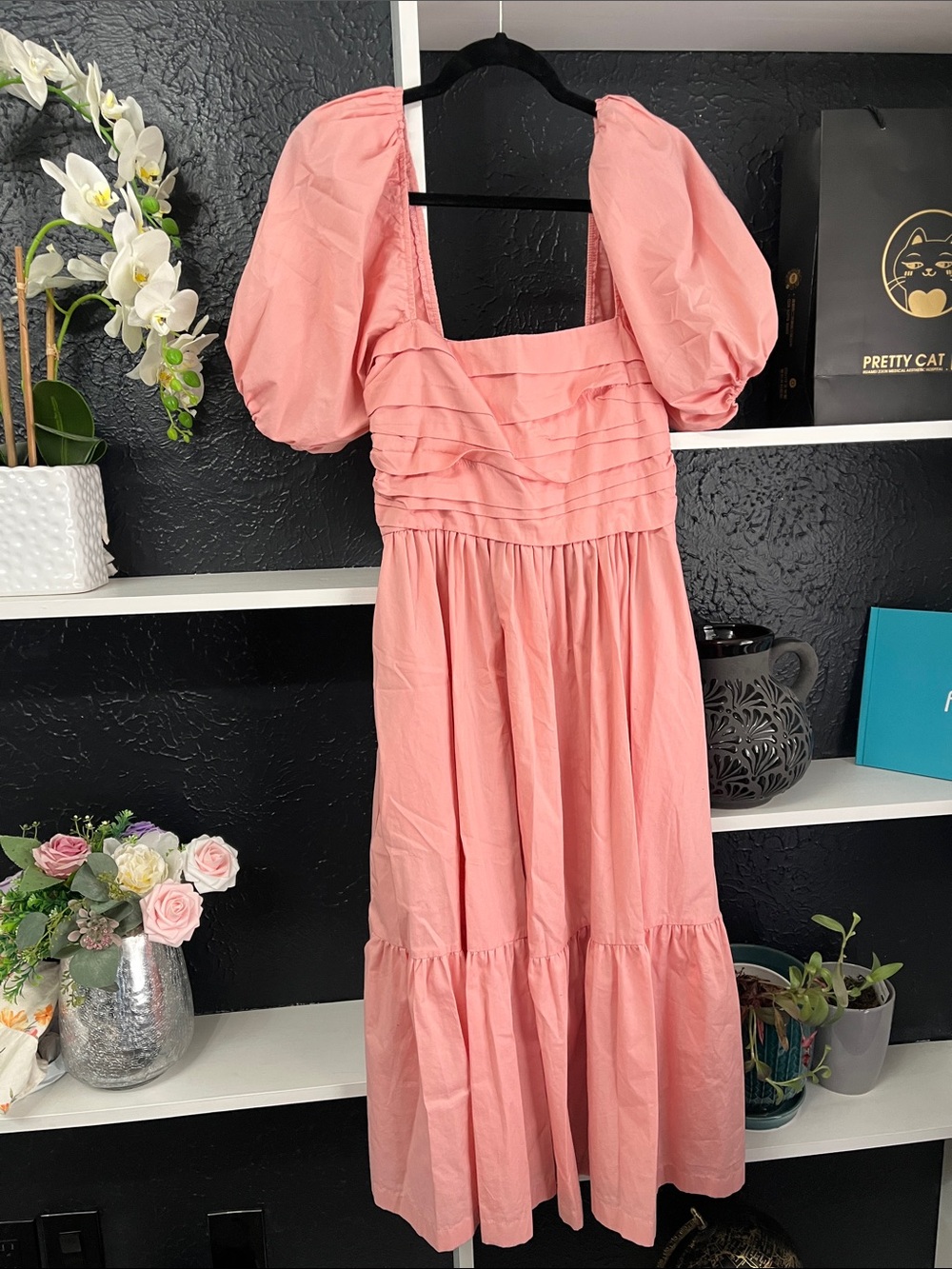 Abercrombie & Fitch Dusty Pink Puff-Sleeve Midi Dress